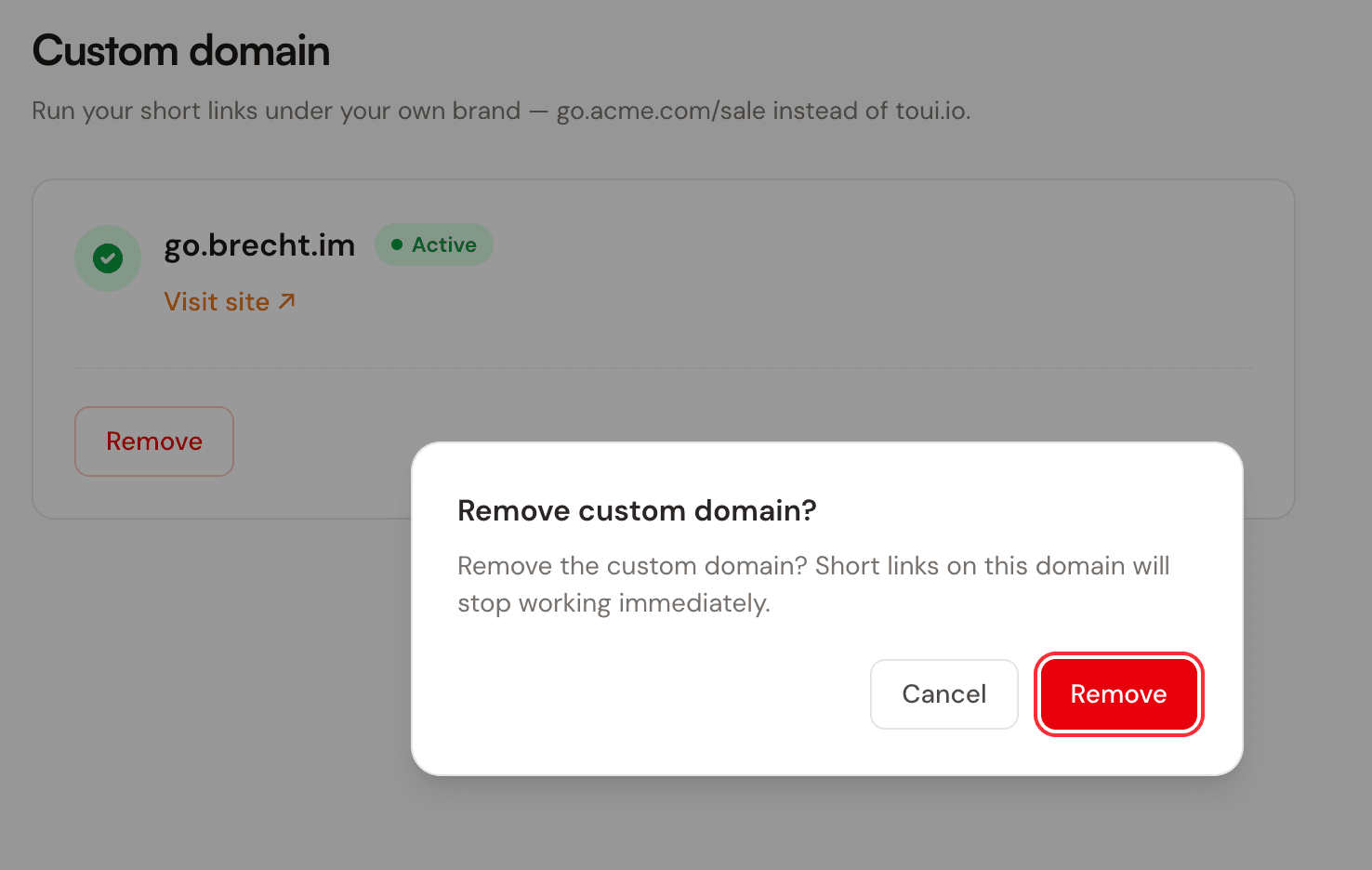 The remove custom domain confirmation dialog