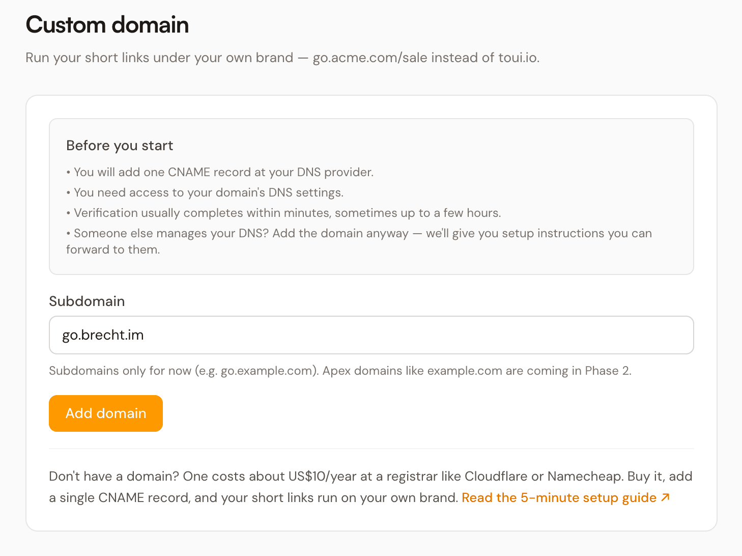 The Add domain screen on the toui.io Custom Domain tab