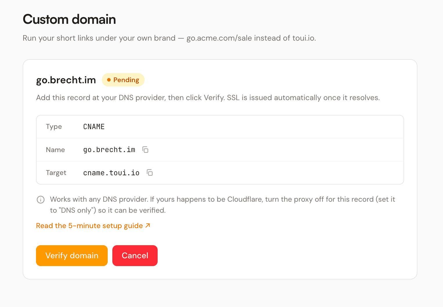 Pending verification state showing the CNAME record to add and the Cloudflare note
