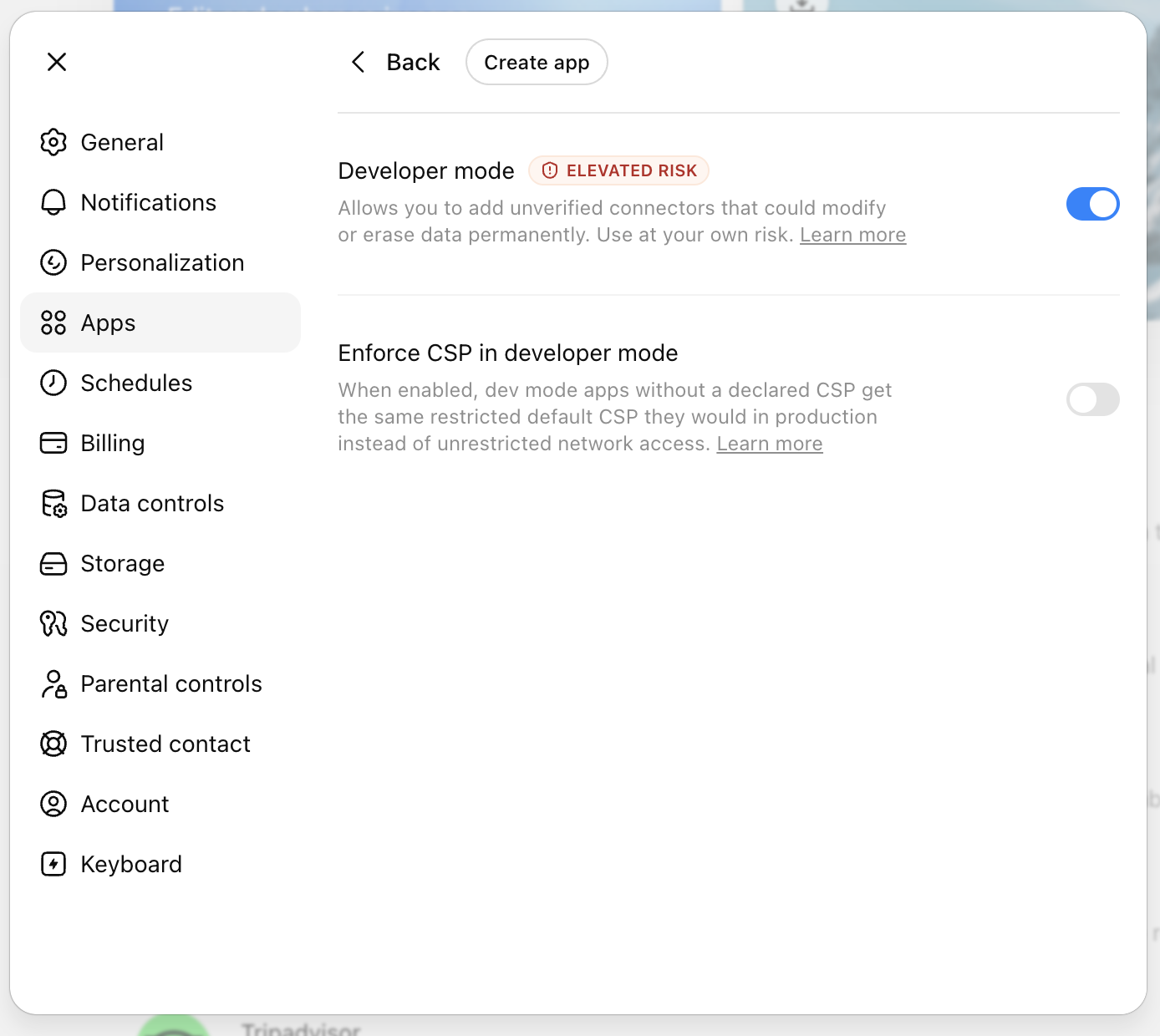ChatGPT Developer mode toggle with an elevated risk notice