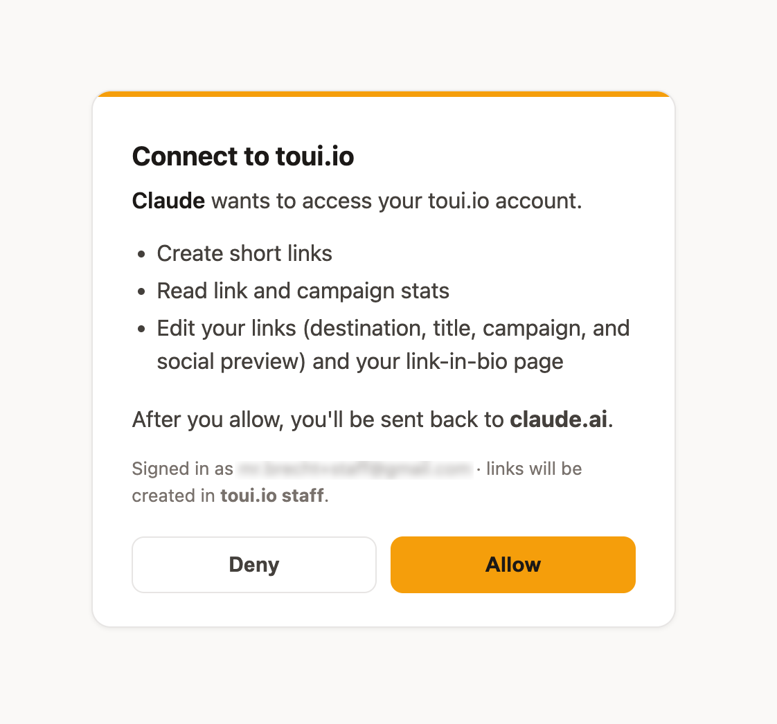 toui's permission page asking to let Claude create short links, read link and campaign stats, and edit your links and link-in-bio page