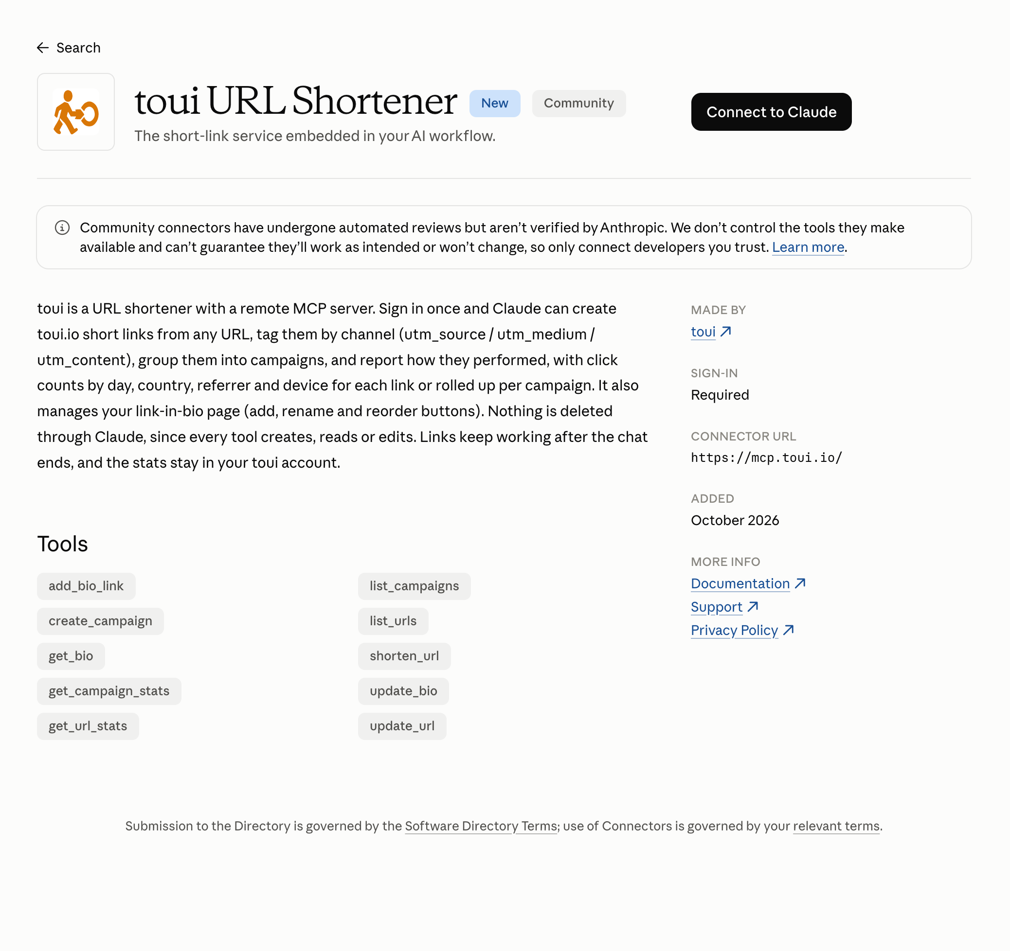 The toui URL Shortener listing in Claude's connector directory with a Connect to Claude button