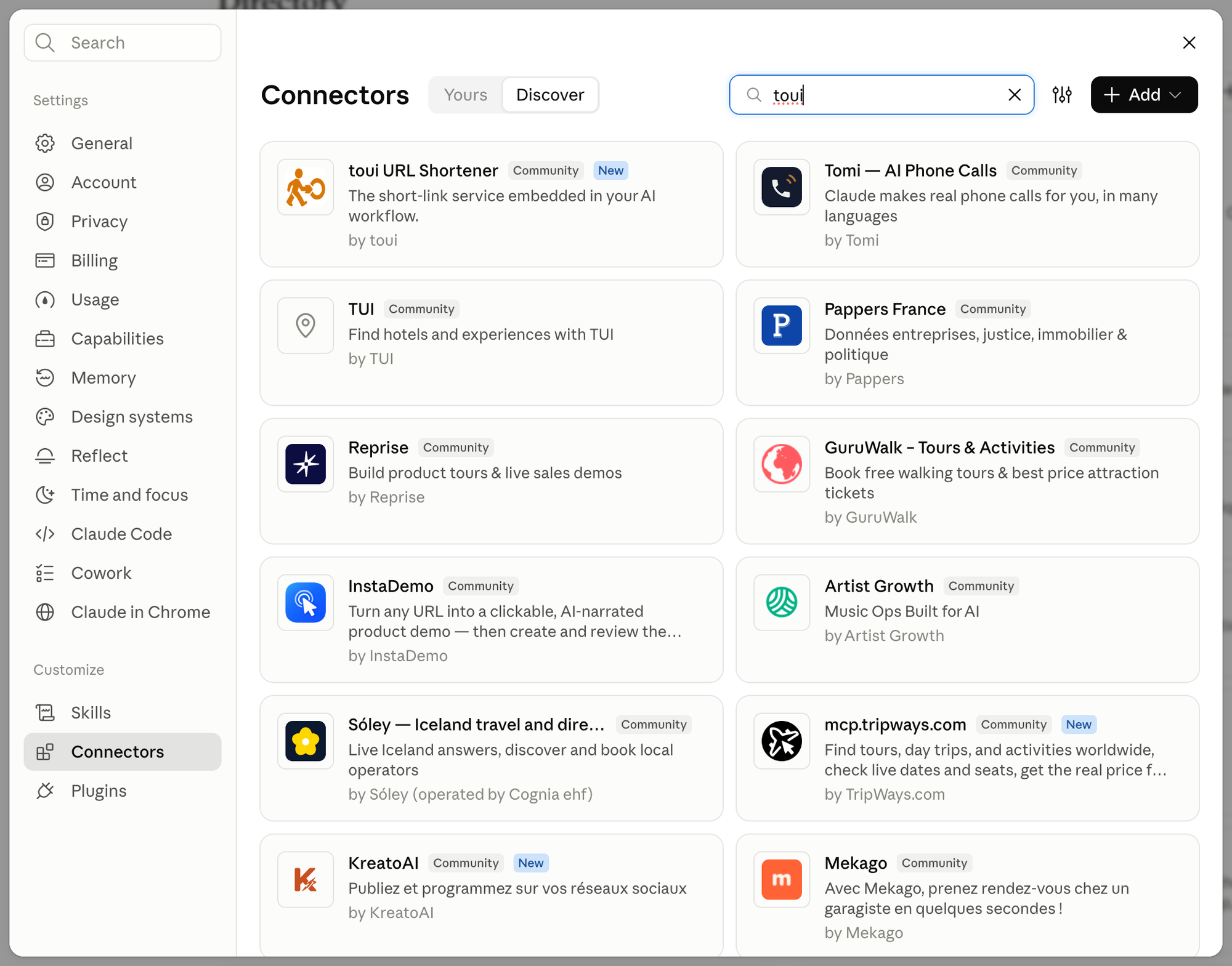 Claude Settings, Connectors, Discover tab with toui URL Shortener as the first search result for toui