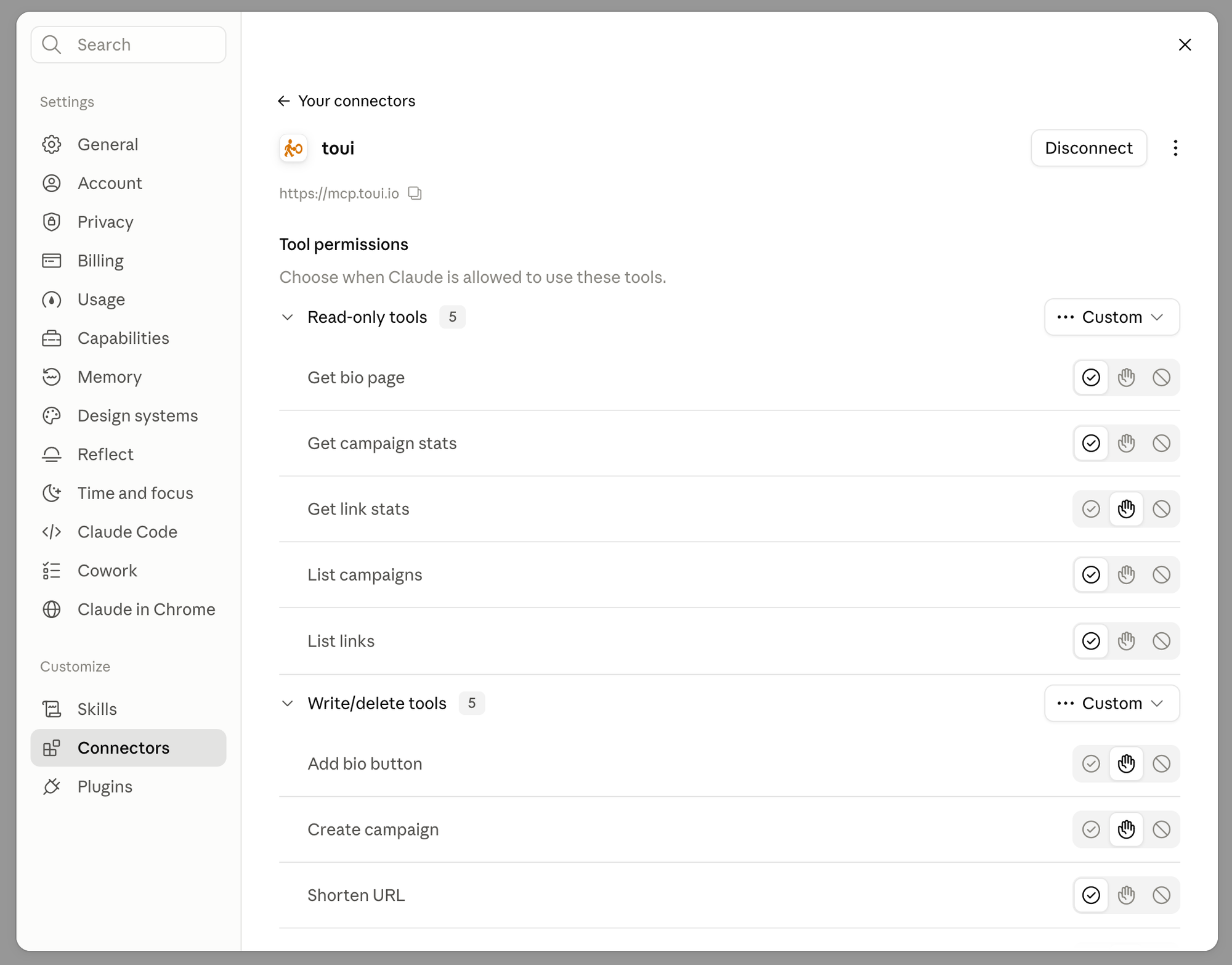 The toui connector page in Claude Settings with a Disconnect button and per-tool permissions for read-only and write tools