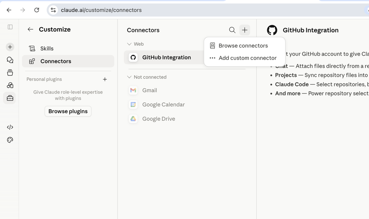 Claude.ai connectors page, the add menu showing Add custom connector