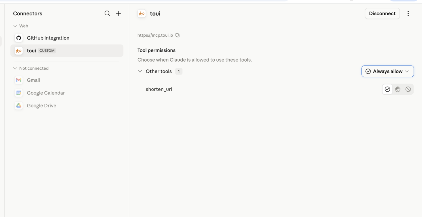 Claude.ai connected to the toui connector, shorten_url set to Always allow