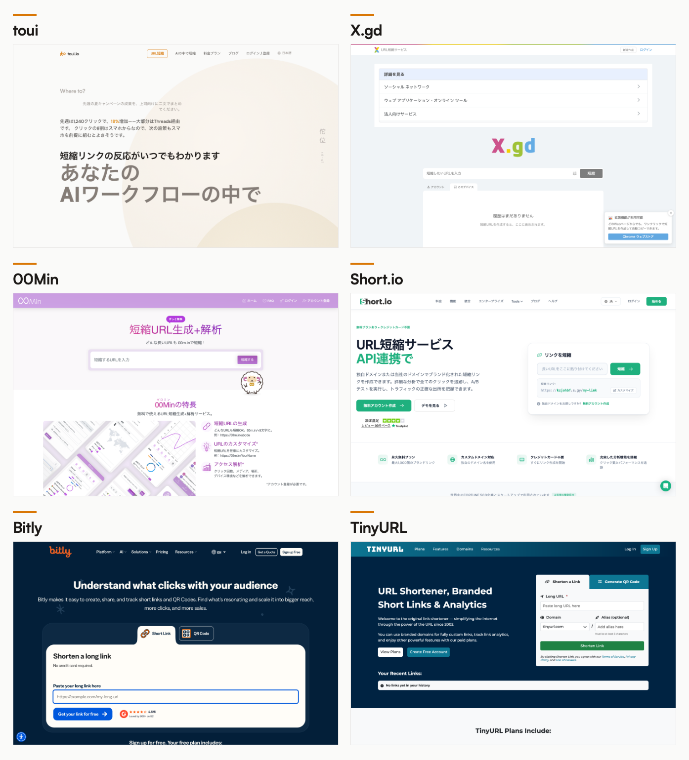 6社の公式サイトの首屏：toui、X.gd、00Min、Short.io、Bitly、TinyURL